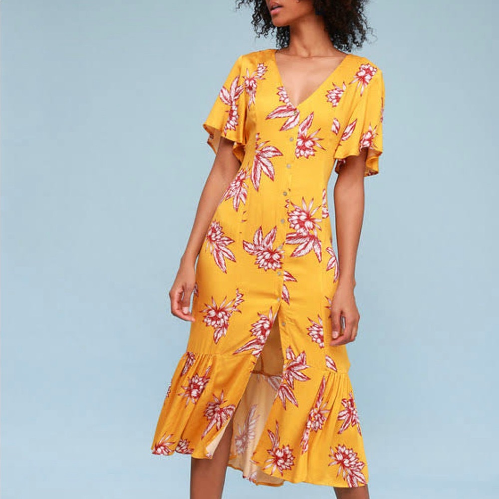 Somedays Lovin Mustard Floral Button-Front Midi Dress